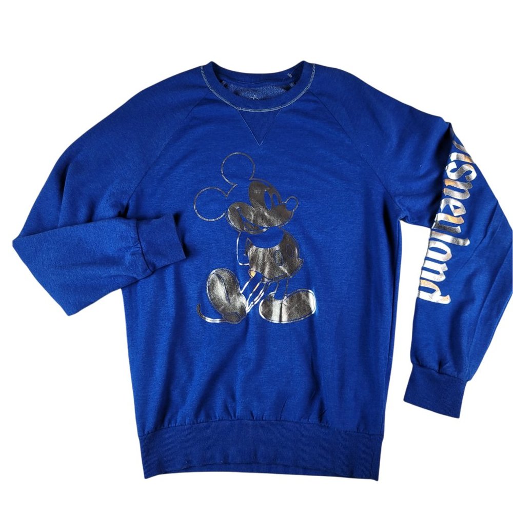 MICKEY MOUSE Foil Sweater Large Pullover Blue Disneyland Resort Disney